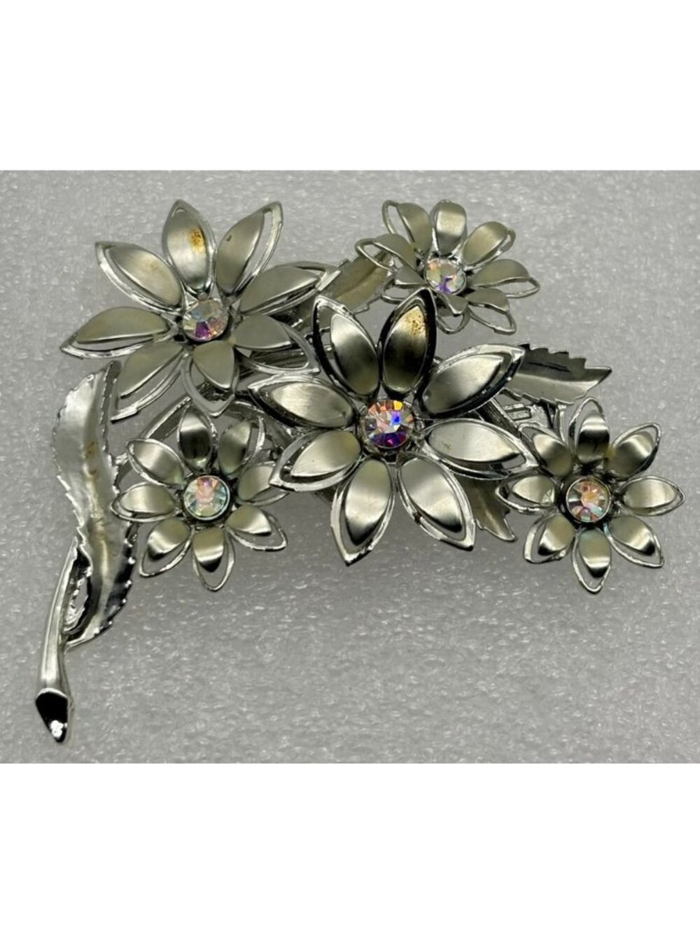 Vintage Coro Daisy Flower Cluster Brooch Silver-Tone Matte Shiny AB Rhinestones